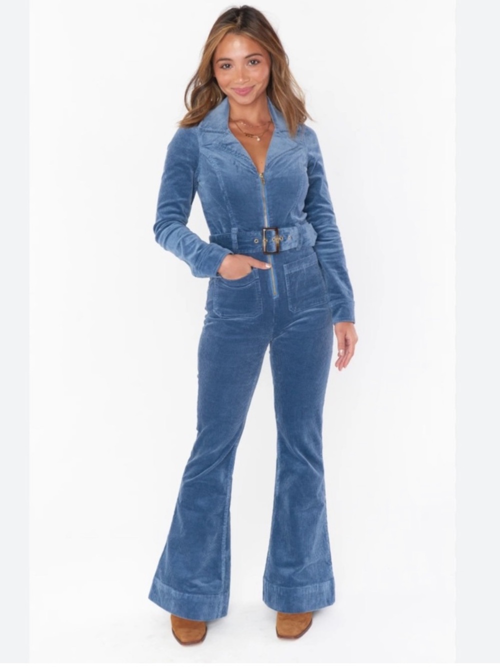 Show Me Your Mumu Lee Ann Jumpsuit NWT size Large Cool Blue Corduroy Flare Leg